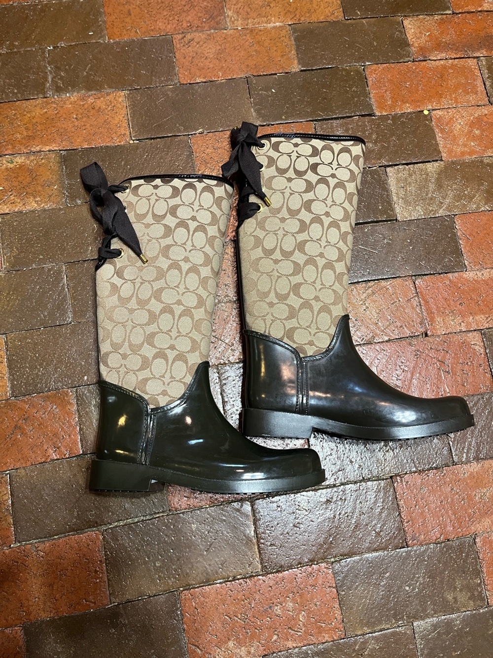 Coach rain boots 11 brown and tan